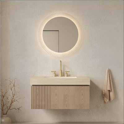 Meuble-lavabo de salle de bain, meuble de rangement flottant en contreplaqué avec tiroir et porte, comptoir en pierre frittée Roma Travertine et lavabo en céramique avec 3 trous de robinet pré-percés, pré-assemblé
