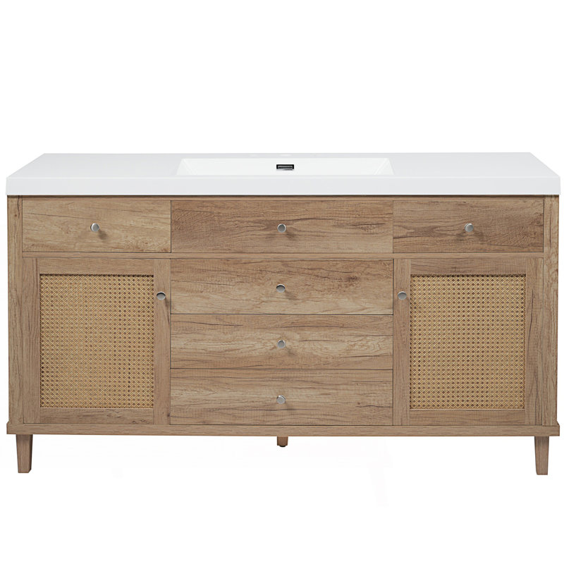 Meuble-lavabo de salle de bain avec lavabo SMC, grande armoire de rangement moderne avec tiroirs à fermeture en douceur et portes en rotin
