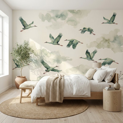 Shades Of Green Wallpaper Flying Birds Watercolor Wall Decor