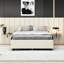 Lit confortable tapissier beige pour grand lit avec tête de lit surdimensionnée et tablettes pratiques avec rangement fonctionnel-2095796246