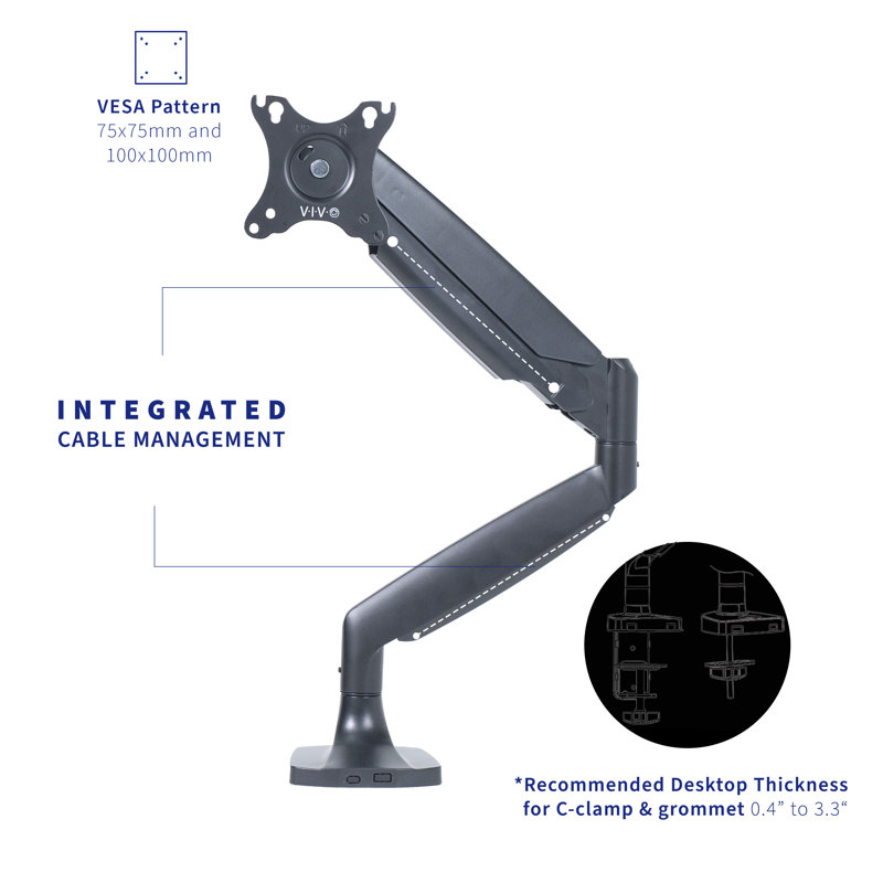 Black Aluminum Single Ultrawide Monitor Desk Mount with Pneumatic Arm