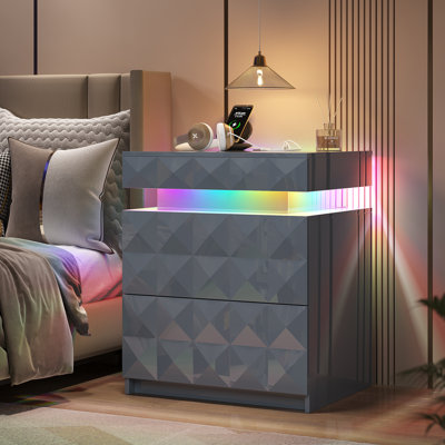Ashten 19.7'' W - Modern Nightstand with 3 Diamond-Cut Drawers, Smart RGB Lighting & Charging Hub
