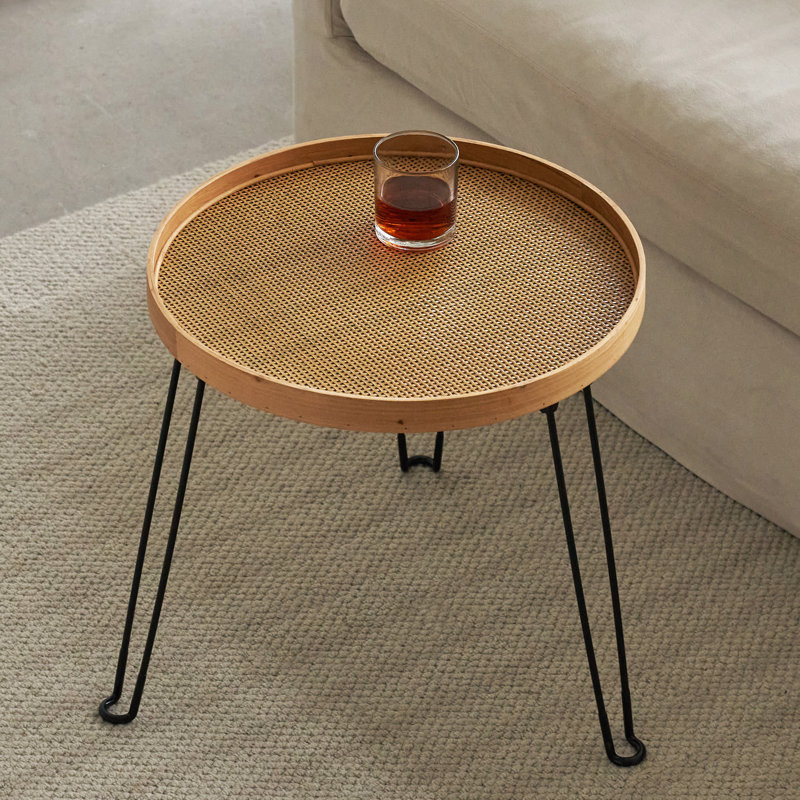 Round Wood And Rattan Side Table, Foldable Table With Metal Tripod, Rattan Round Tray Top, Boho Style, Chic Coffee Table, Side Table (Height 17.7", Grid Knit Pattern