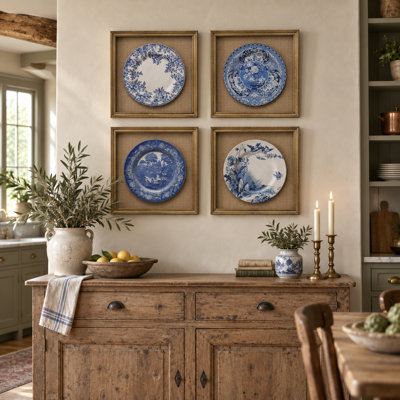 Blue and White Framed Plate Wall Art Set of 4