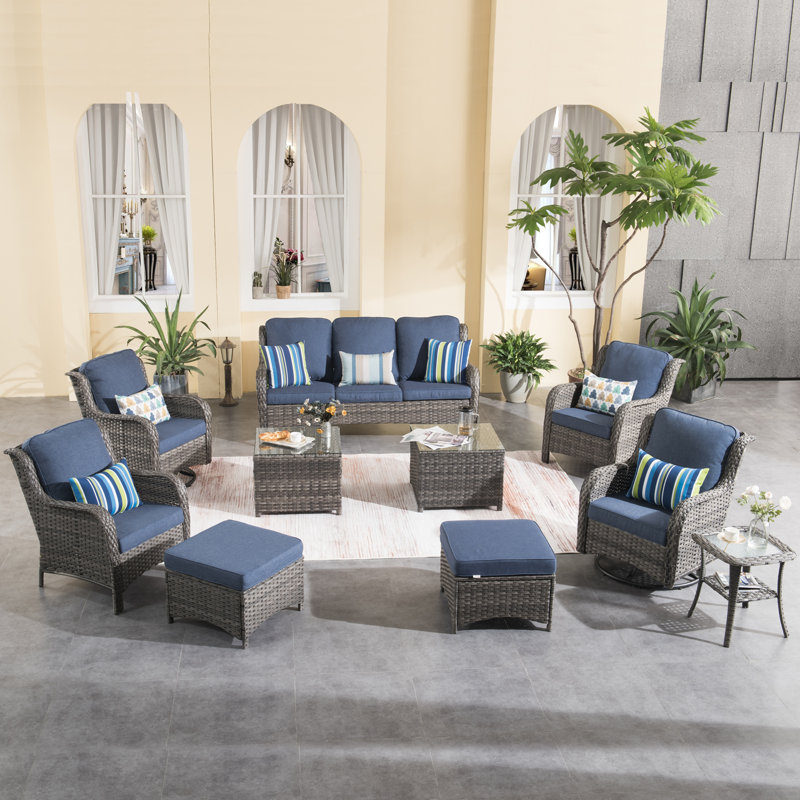 Guilen Wicker/Rattan 7- Person Seating Group With Swivel Chairs and Cushions, Gray, Denim Blue