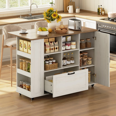 47.2" Kitchen Island with Drop Leaf and Power Outlet, Farmhouse Rolling Kitchen cart on Wheels with  Storage Drawers, Cabinet, Open Shelves,Rustic White