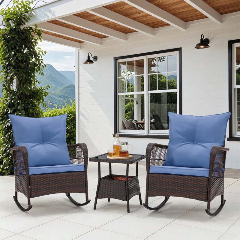 3 Pcs Rocking Bistro Set, Outdoor Pe Rattan Rocking Chairs With Tempered Glass Coffee Table, Patio Rattan Rocker Set For Porch And Garden