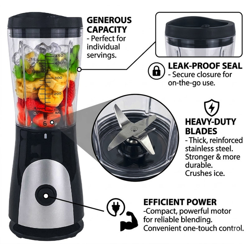 15 Oz Portable Personal Blender, 180 W, Black