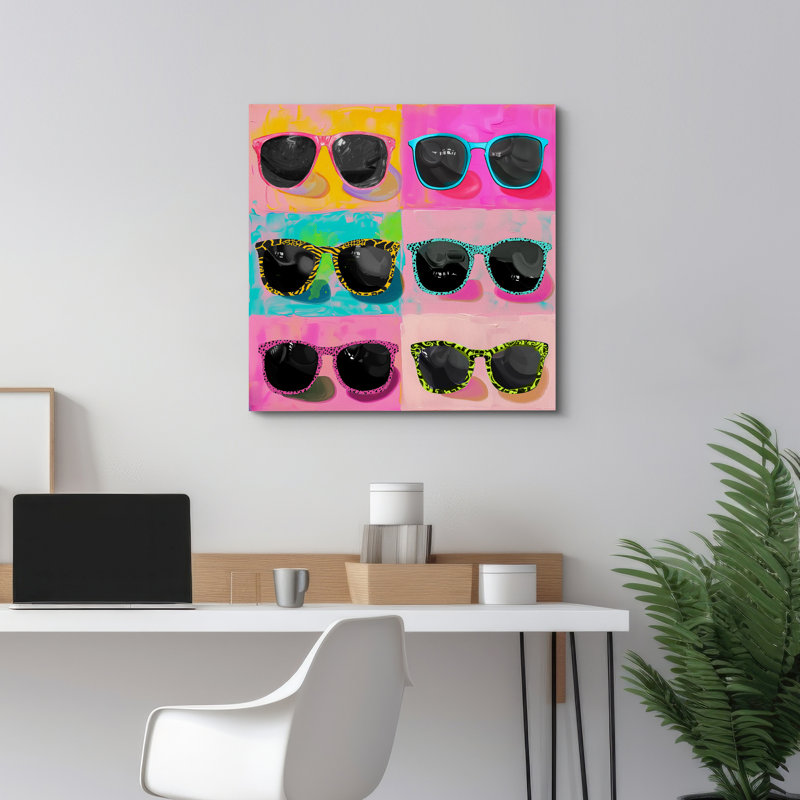 Lunettes de soleil élégantes sur fond rouge et rose, H 12 po x l 12 po, Toile tendue