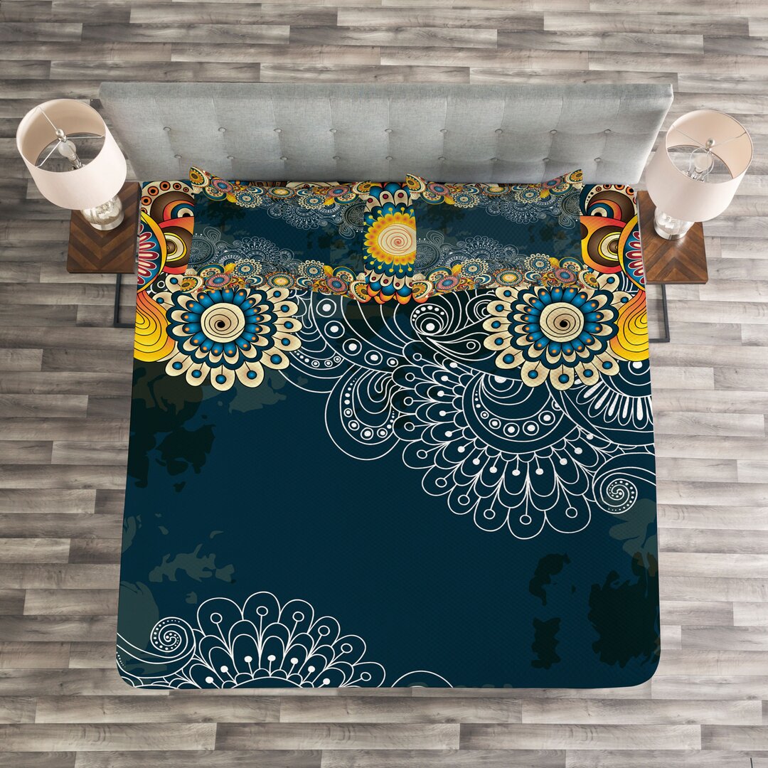 Gestepptes Bettdecken-Set, Mandala Paisley, Psychedelisch, Blau Gelb