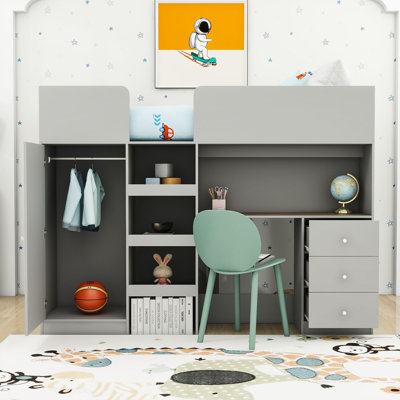 Lit mezzanine double en bois avec garde-robe, bureau et tiroirs