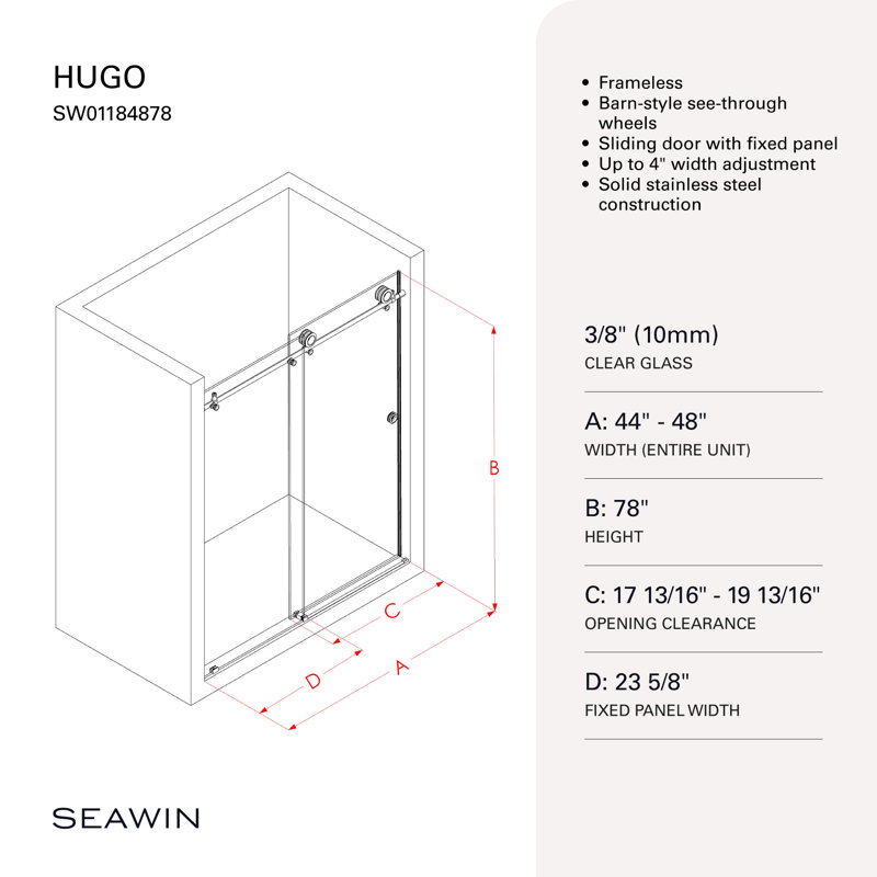  Porte de douche coulissante en verre trempé 3/8 po Hugo 44 - 48 x 78 po Hugo, Noir mat