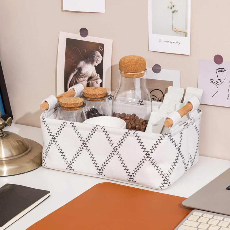 Decorative Collapsible Rectangular Fabric Storage Bin Organizer Basket With Wooden Handles For Clothes Storage