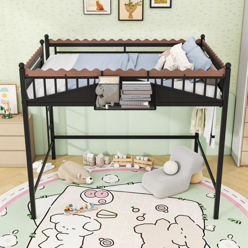 Metal Loft Bed with Bookshelf and Guardrails, Queen