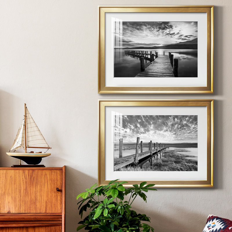 Evening Dock - Ensemble de 2 reproductions d'art sur toile encadrées, H 18,5 po x l 49 po x P 1,5 po, Or, Pas de tapis