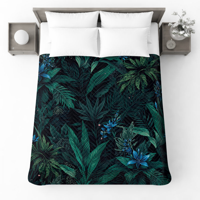 Tropical Greenery Pattern Quilted Bedspread All Sizes, Full / Double