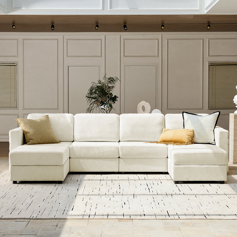 Tamariah Modern 316cm Wide 6-Seats Modular Storage Sofa With 2 Ottomans, Beige