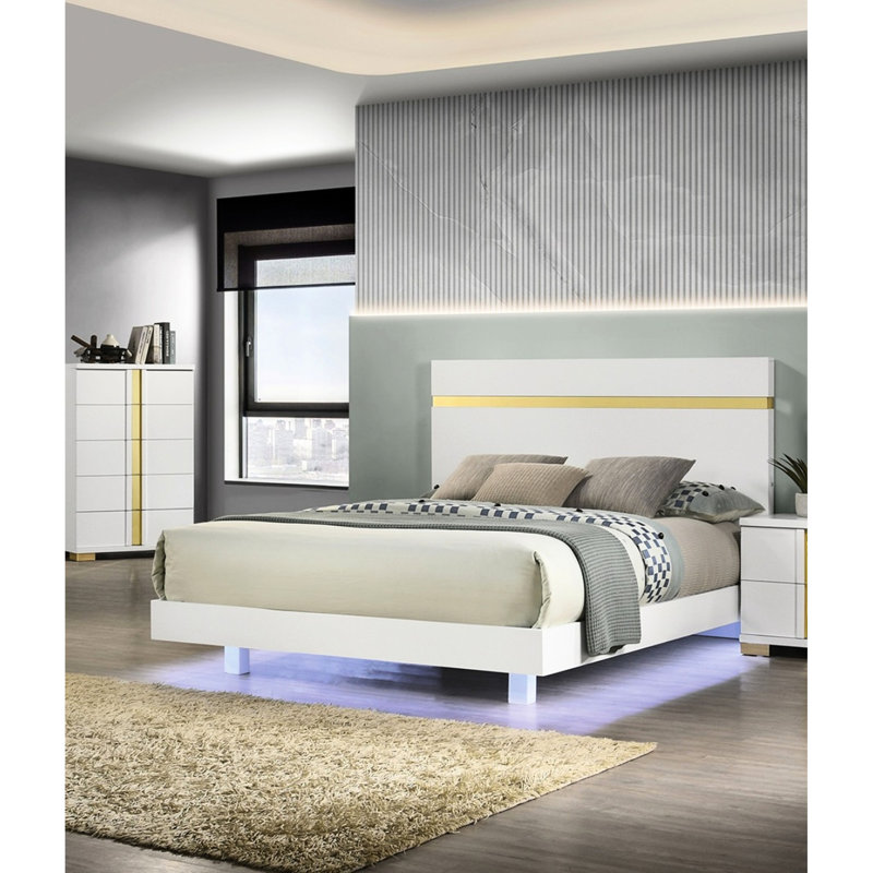 Cadre de lit double contemporain de style contemporain, finition blanche, DEL sous le lit, bois d'ingénierie, métal, garniture en acrylique, conception blanc / or pour matelas,