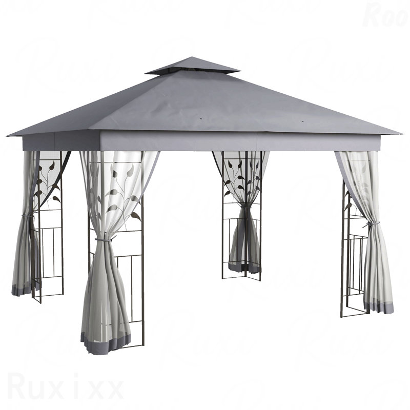 10X11.5FT Gazebo Metal, Mosquito Net For Garden Use With Double Roof & Tree Motifs (Gray), Gray