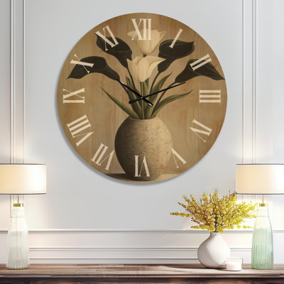 Vase tulipe ivoire - Horloge murale minimaliste silencieuse (sans tic-tac), imprimée sur bois