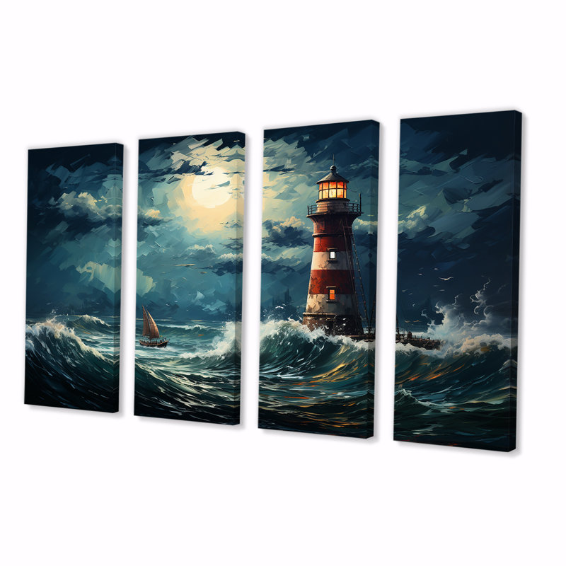 Phare de la mer orageuse I - Phares, art mural 4 pièces, H 28 po x l 48 po