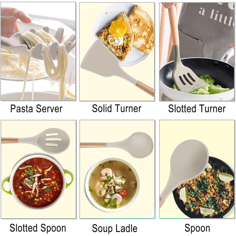 19-Piece Khaki Silicone and Wood Cooking Utensil Set