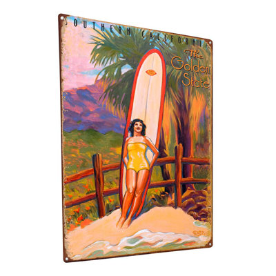 Fille de surfeur rétro Golden State sur impression métallique