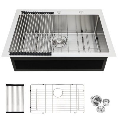 Drop - In 16 Gauge T304 Stainless Steel Kitchen Sink 30 X 22 10 Inch Single Bowl Topmount, Easy To Clean And Maintain With X Shaped Water Guide, Coating Pad, Includes Dish Grid Drying Rack Sink,