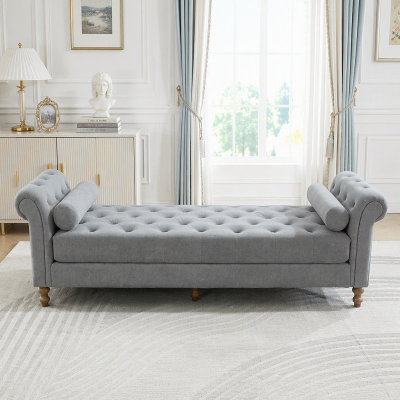 Banc rembourré avec accoudoirs et 2 traversins, Gray Chenille