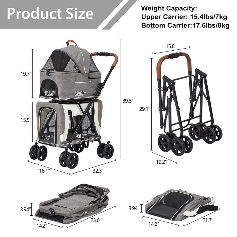 Foldable Pet Jogger Stroller with Detachable Carrier