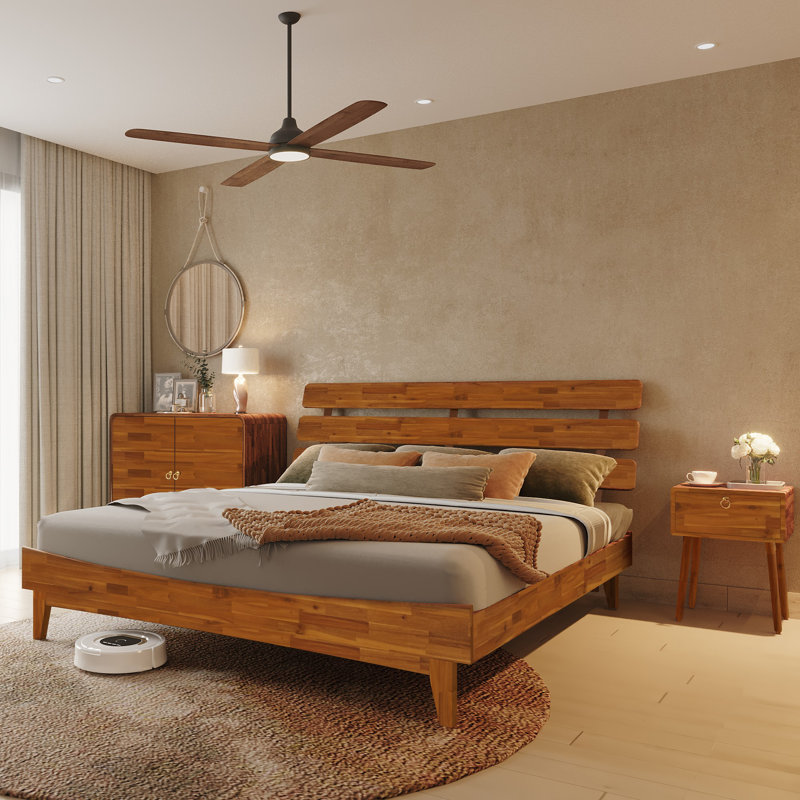 Caden Solid Wood Platform Bed with Adjustable Headboard, Mid-Century Modern, King, Caramel