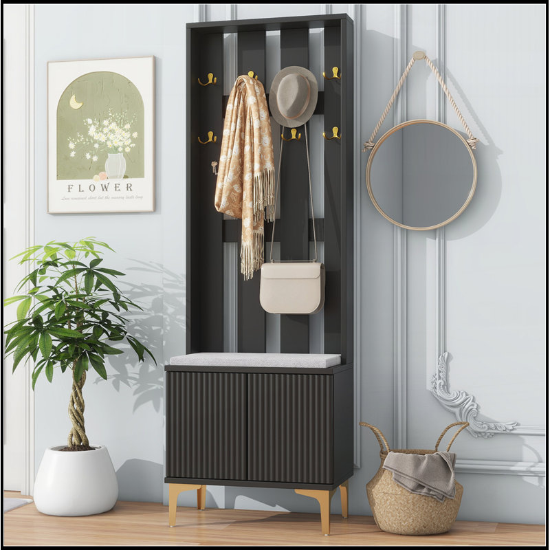 Modern 4-in-1 Hall Tree with Cushion,Entryway Bench with Adjustable Shelves, Black