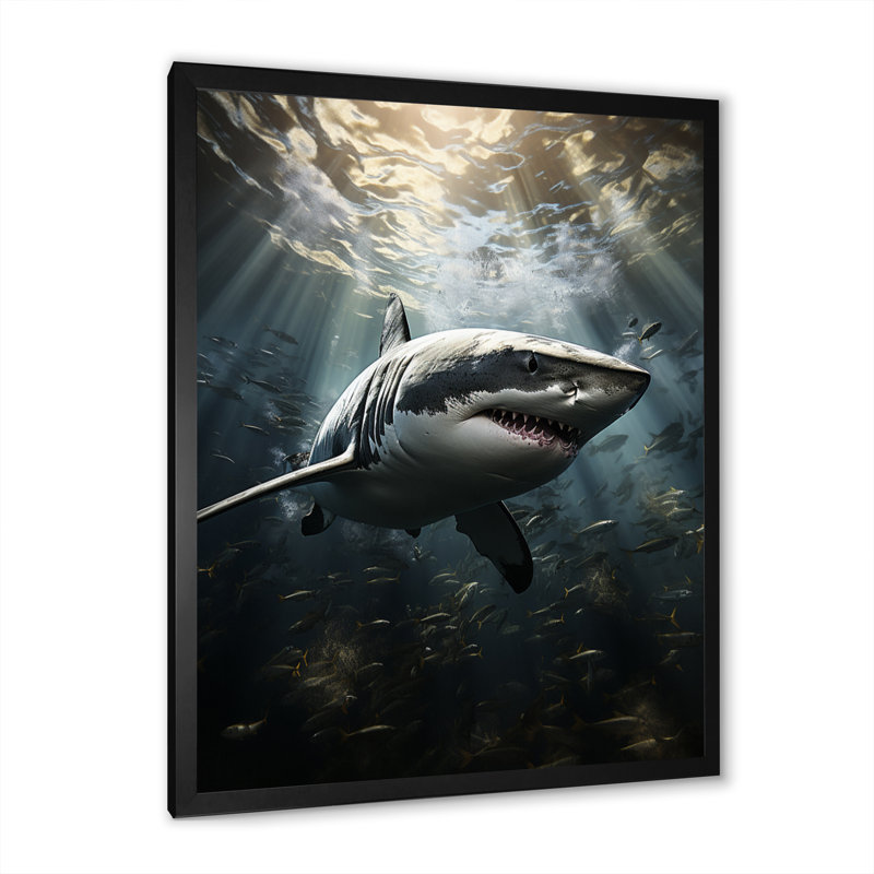 Grey Shark The Majesty - Marine Animals Large Wall Art, Black Single Picture Framed, 40" H x 30" W x 1.5" D