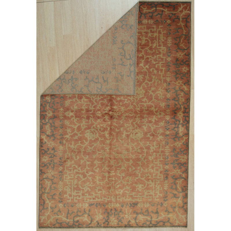 Coral Hand-Knotted Wool Floral Scrollwork Geometric Modern Contemporary Carpet Rug, 10' x 10'