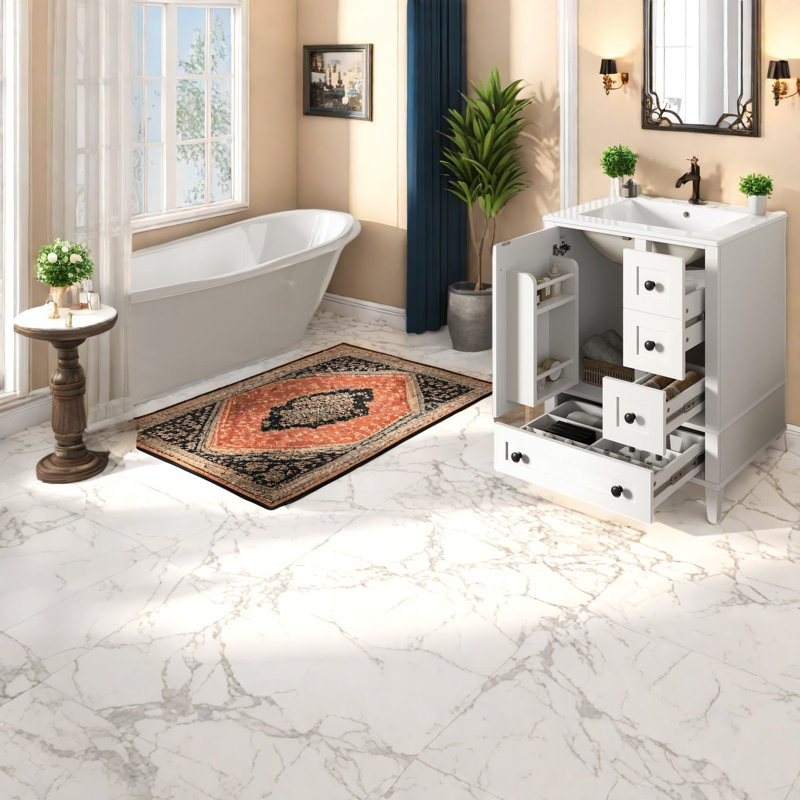 Meuble-lavabo moderne en bois blanc avec lavabo en céramique pour salle de bain compacte