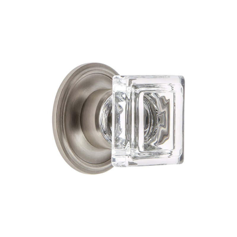 Poignée carrée en cristal 1-1 / 4 po avec rosette Georgetown Grandeur Carré, Nickel satiné