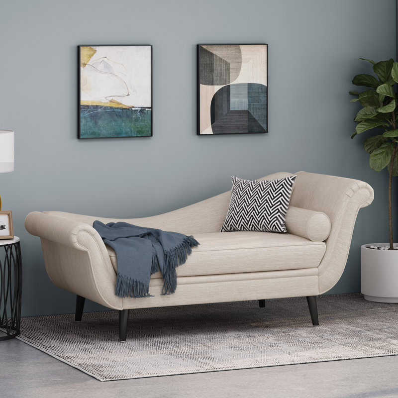 Calix 69'' Modern Contemporary Upholstered Chaise Lounge with Scroll Arms and Birch Wood Tapered Legs, Beige Polyester Blend