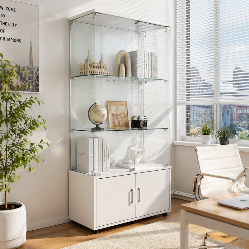 Living Room White Double-Door, Four-Tier Storage & Display Cabinet — Multifunctional Wine Cabinet And File Cabinet With Remote-Controlled Lighting And Adjustable Support Feet