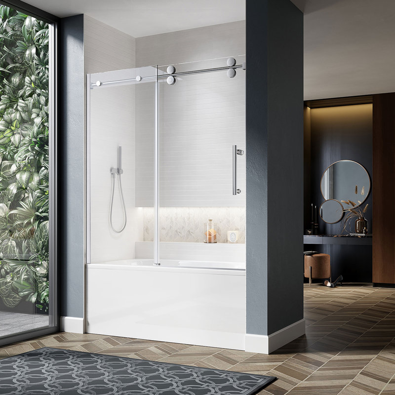 UKS04 56 to 60 in. x 66 in. H Frameless Single Sliding Shower Door with U-Chanel and 3/8 in. (10mm) Clear Glass in Chrome