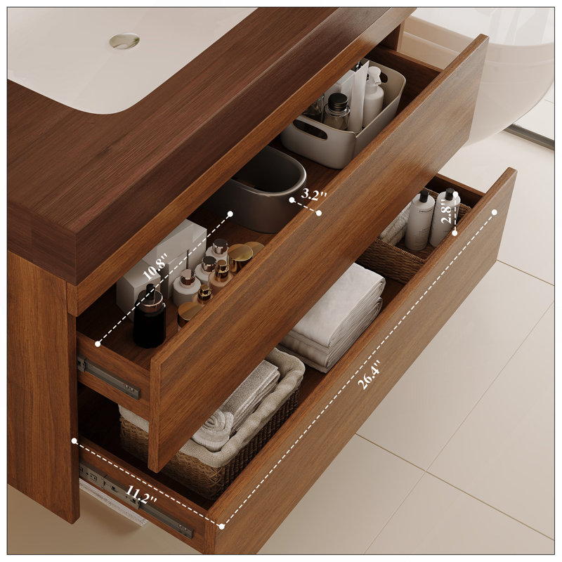 Meuble-lavabo flottant moderne 29,9 po avec comptoir en faux marbre et lavabo encastré en céramique, fixation murale pour petites salles de bain et appartements
