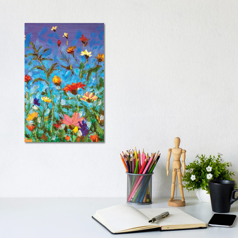 Spring Summer Red Yellow White Wildflowers On Blue Sky by Joyce Combs - Wrapped Canvas Print, 20.32 cm H x 30.48 cm W
