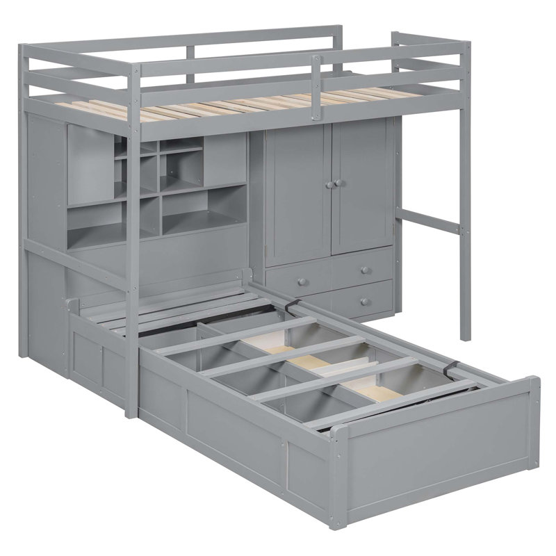 Lit superposé simple avec système de levage hydraulique, 6 tiroirs, Gris