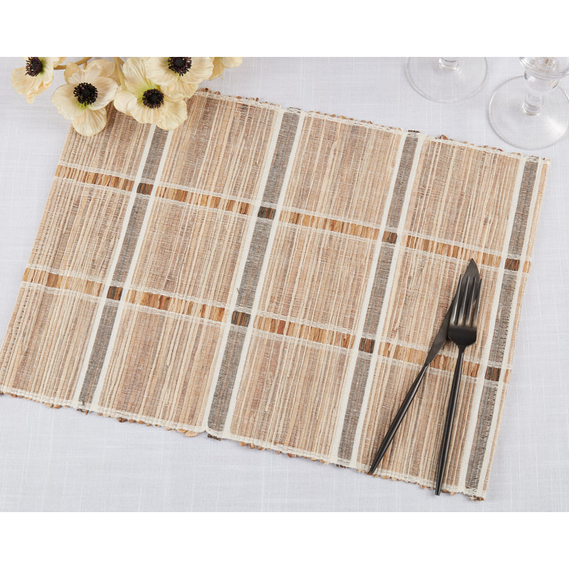 Natural Beige Striped Water Hyacinth and Polyester Rectangle Placemats, Set of 4
