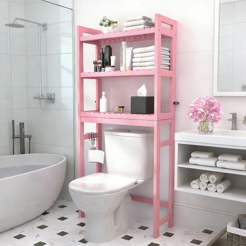 Bamboo 3-Tier Over The Toilet Storage Shelves With 3 Hooks Pink