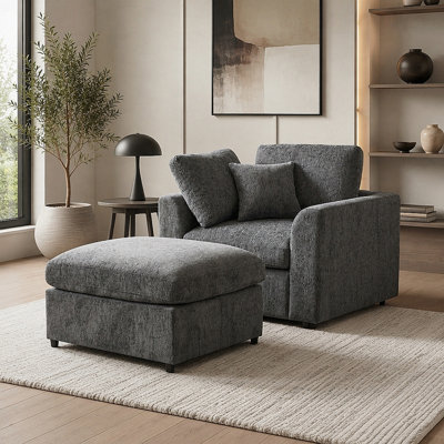 Fauteuil d'appoint en chenille avec repose-pieds et structure en bois massif