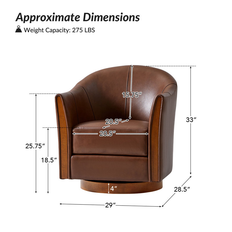 Pocono 29"W Transitional Genuine Leather Swivel Barrel Chair With Solid Wood Base(Set of 2), Brown