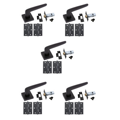  5 Set Venus Door Handles on Square Rose in Stunning Matt Black Finish Complete with 64mm Tubular Latch and Ball Bearing Hinges