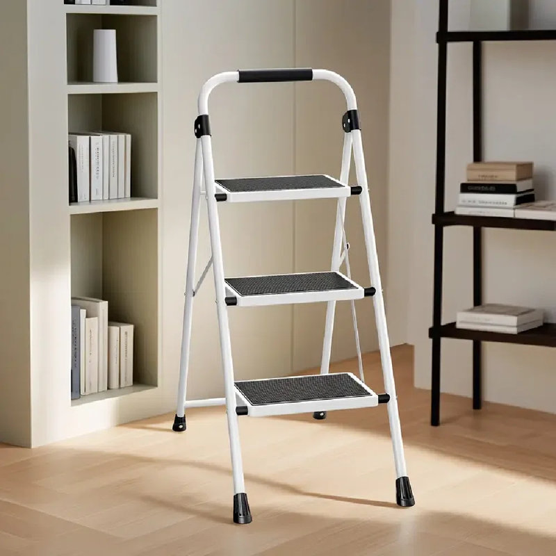 Échelle pliante en acier robuste à 3 marches | Poignées larges antidérapantes et poignées, légères et portables pour la maison, la cuisine, la salle de bain et plus encore, blanc, échelle pliable