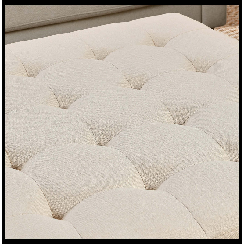 Grande table basse avec repose-pieds rembourré en lin capitonné avec tablette et cadre en bois de hêtre, repose-pieds surdimensionné pour salon, bureau, chambre à coucher, extérieur IVOIRE
