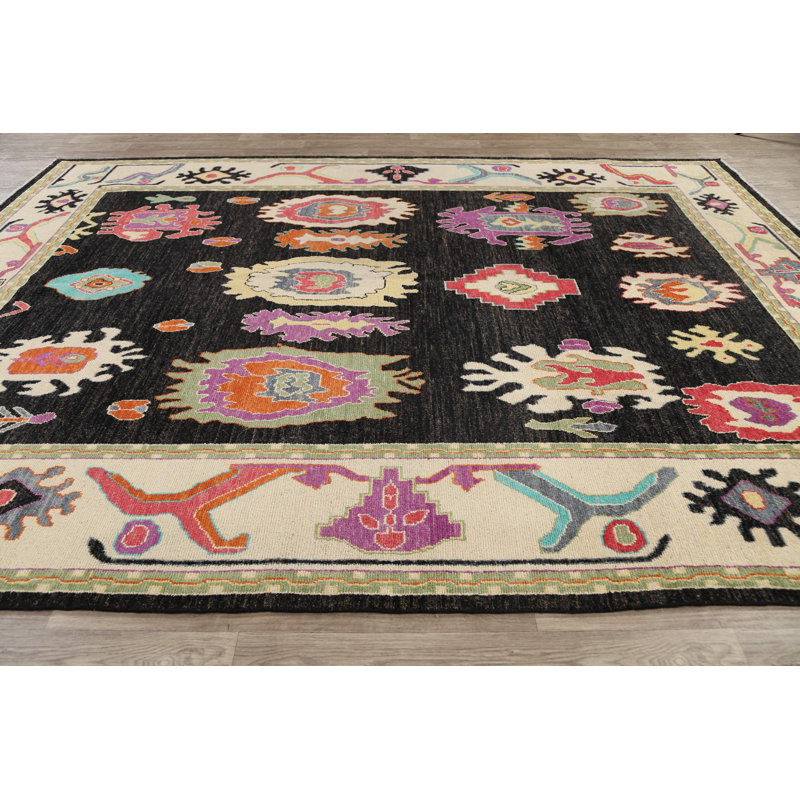 Tapis noir en laine nouée à la main de conception unique 8 pi 7 po x 11 pi 7 po New Age